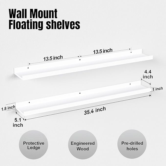 36 Inches Long Floating Shelves Wall Mounted,2 Set Modern White Shelf for Bedroom,Nursery Book with Lip,Picture Ledge Decor Living Room Bathroom Kitchen-White,35.4 In