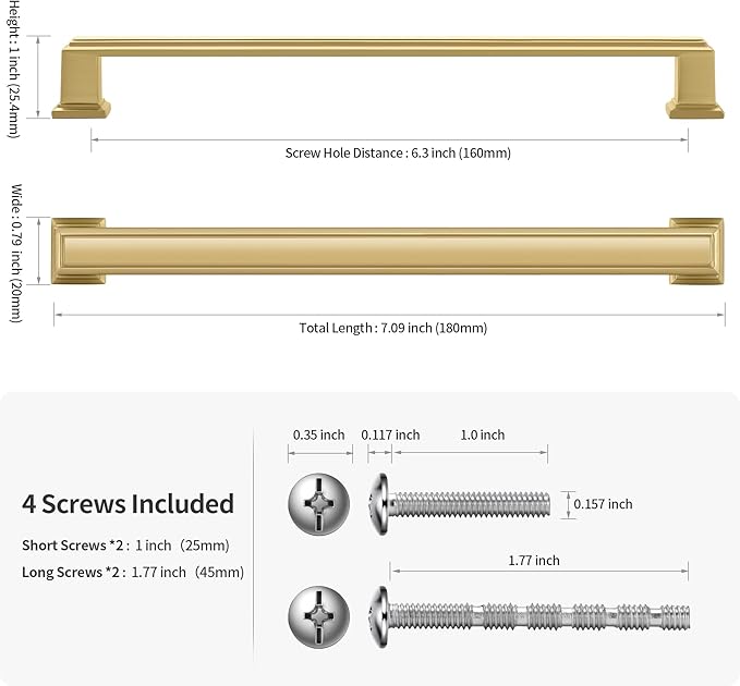 Lardmon 10 Pack 6.3 Inch(160mm) Hole Center Brushed Gold Modern Cabinet Pulls Kitchen Cabinet Handles Kitchen Cabinet Hardware Timeless Drawer Pulls for Dresser Cupboard Wardrobe, B-Gold(6.3x10)