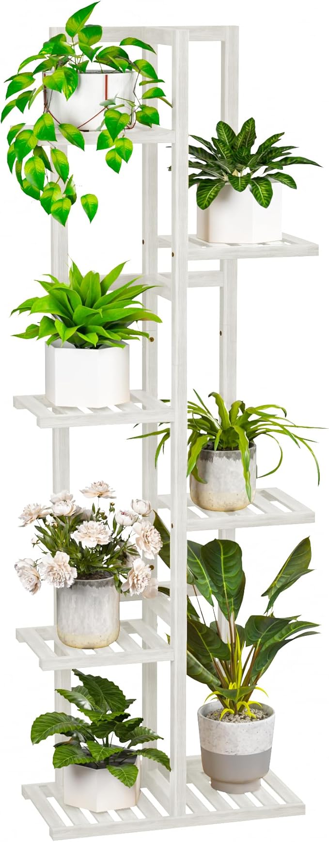 ROMGUAR CRAFT 6 Tier Bamboo Plant Stand Indoor, Wood Tall Flower Holder Corner Tiered Plant Shelf for Multiple Plants (White)
