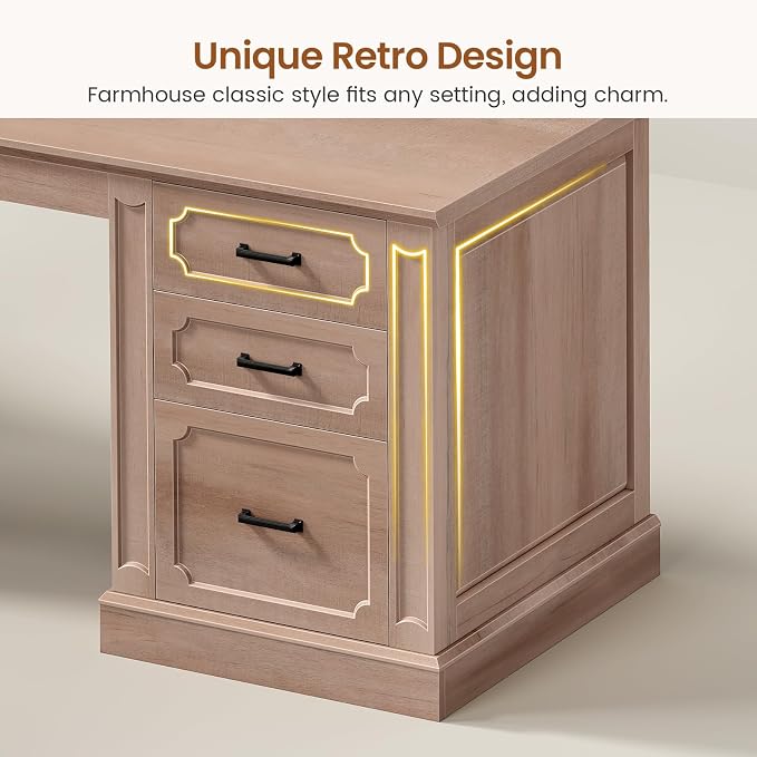 SEDETA Farmhouse 110.3" Two Person Desk with 7 Drawers, Long Computer Desk with Storage Cabinet, 2 Person Desk with Power Outlets for Home Office, Oak