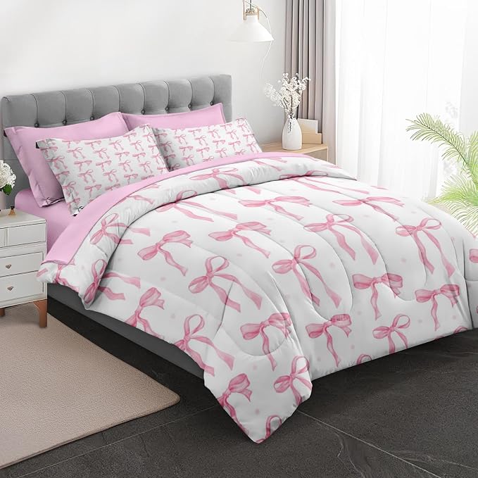 7Pcs Comforter Set Queen Size, Cute Coquette Pink Bow Bowknot, Bedding Decor Sweet Themed Elegant Girly Baby Bedroom Bed Set Flat Sheet Fitted Sheet Pillowcases Shams for Kids Adults
