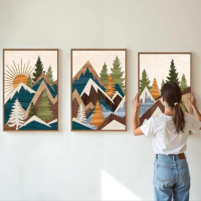 Tinonedraw Large Mountain Framed Canvas Wall Art, Boho Rustic Sunrise Forest Wall Decor, Vintage Woodsy Nature Art Painting, Modern Wilderness Trees Art Print for Living Room Bedroom Office 24"x36"x3