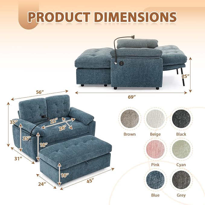 Oversized Chaise Lounge Chair Indoor, Double Convertible Recliner Reading Arm Sofa Chair W/Adjustable Backrest & Charging Port Couch Bed for Living Room, Home Theater & Bedroom, Blue
