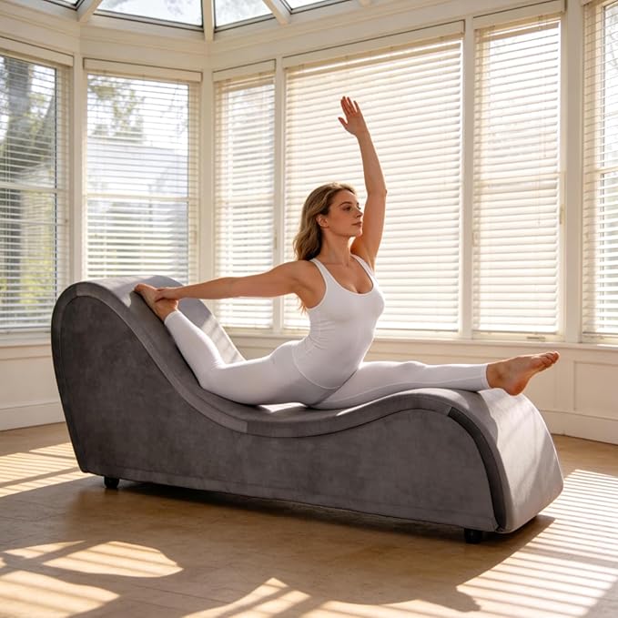 Grey Ergonomic Curved Chaise Lounge Chair for Relaxing, Sofa Bench with Heavy-Duty Metal Frame & Removable Velvet Cover