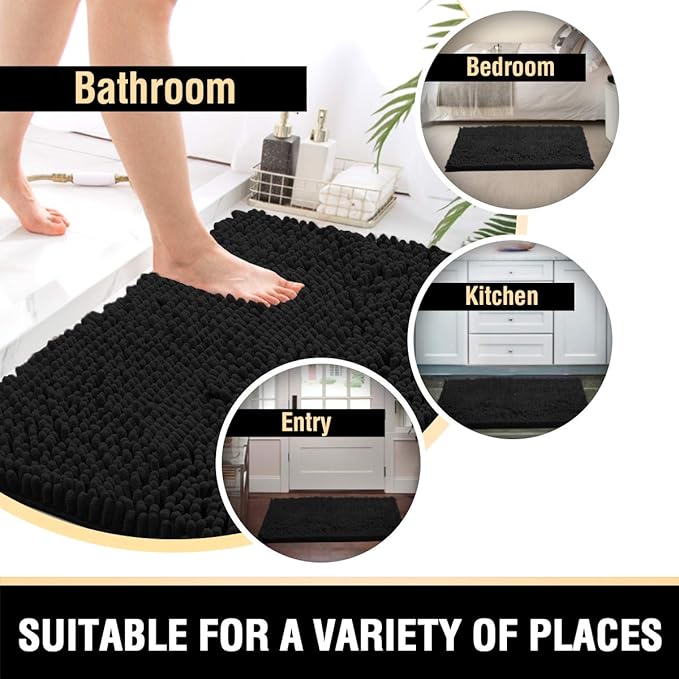 H.VERSAILTEX Bathroom Rugs Bath Mat Bath Rugs Bath Mats for Bathroom Non Slip Extra Thick Buncy Soft Chenille Bath Rug Fulffy Shag, Indoor Rug Carpet for Entry Living Room (Black, 20" x 32")
