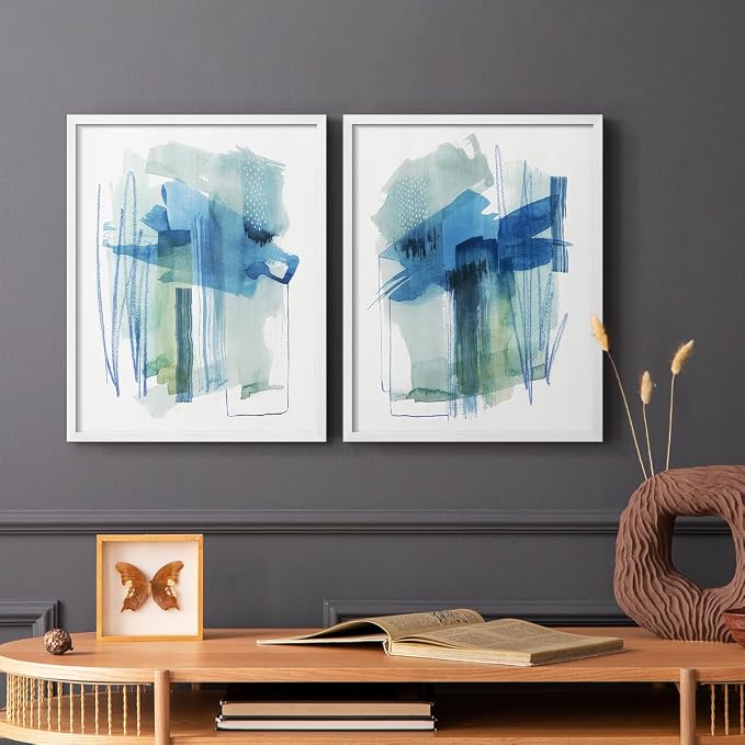 Renditions Gallery Set of 2 Peel & Stick Framed Prints, Modern Abstract Wall Art, Blue and Neutral Bold Brushstrokes Wall Decor, Re-Stickable - Ready to Hang - 11"x14" - White Frame LT588