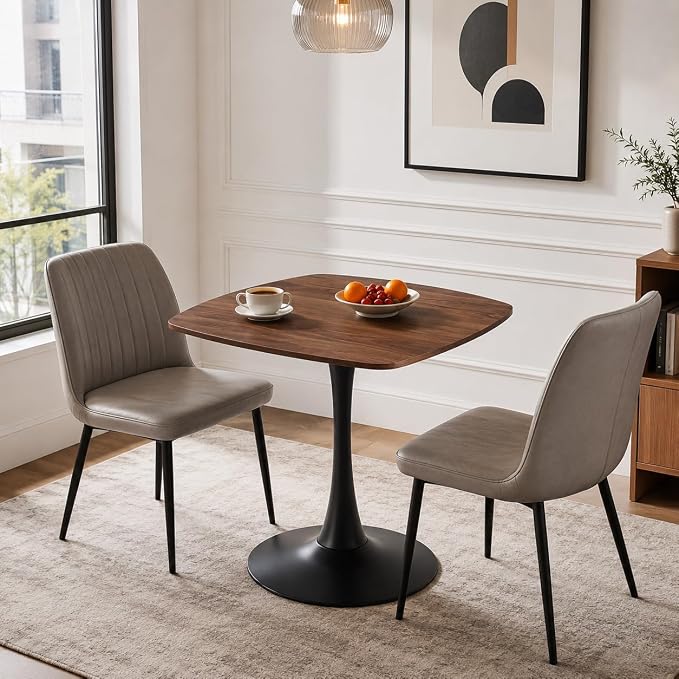 31.5" Square Dining Table, Modern Mid-Century Walnut Wood Grain Kitchen Table for 2-4, Black Metal Pedestal Base Small Space Dining Table for Apartment, Café, Breakfast Nook