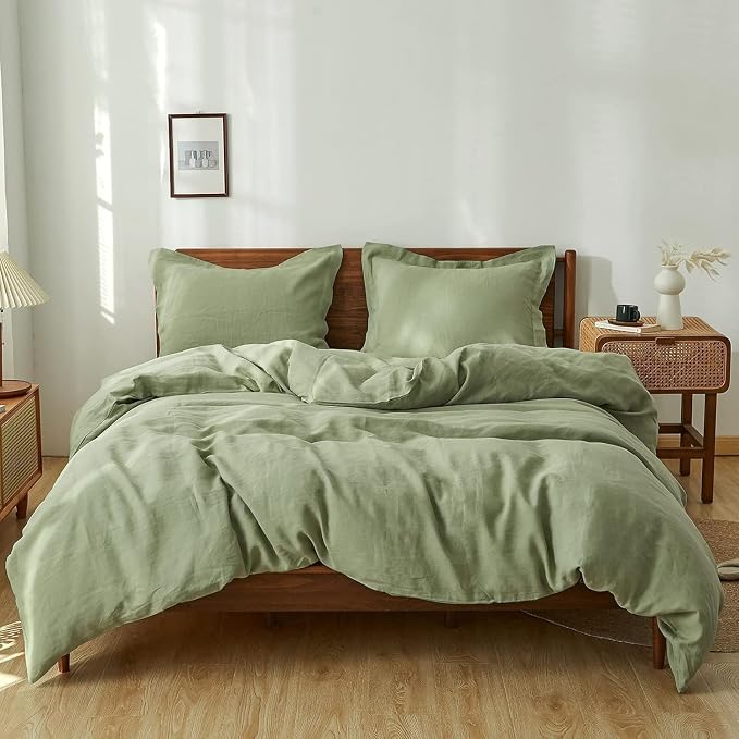 Simple&Opulence 100% Linen Duvet Cover Set 2pcs Natural French Basic Style Washed Flax Solid Color Breathable Soft Farmhouse Bedding with Button Closure (Sage Green, Twin)