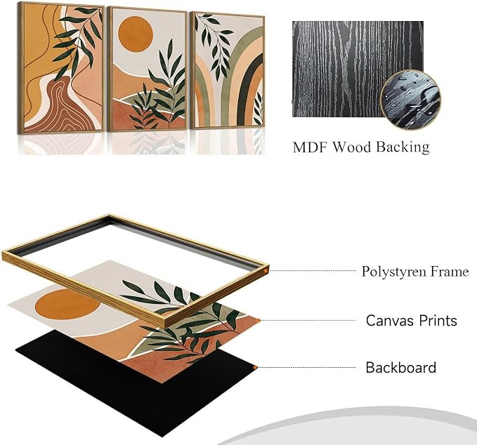 Bwodke Boho Wall Art, Framed Abstract Sun Wall Art, Botanical Canvas Wall Decor, Mid Century Line Leaf Geometric Pictures Set of 3, Minimalist Paintings, for Bedroom Living Room Bathroom 12"x16"
