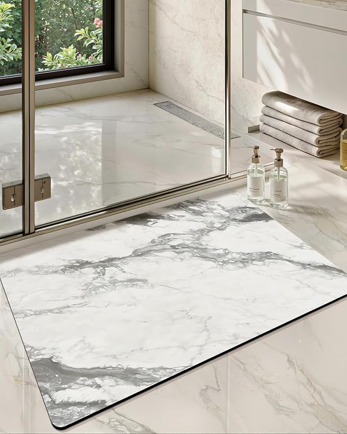 Color&Geometry Gray-Veined White Marble - Patterned Bathroom Rug, Ultra-Thin, Non Slip, Washable and Quick Dry Shower Mat, 17"x30" Small Luxury Shower Mat for Bathroom Floor/Outside Shower