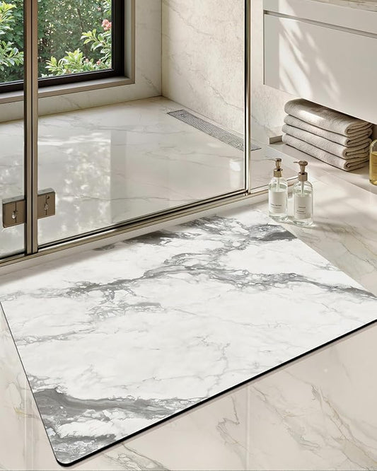 Color&Geometry Gray-Veined White Marble - Patterned Bathroom Rug, Ultra-Thin, Non Slip, Washable and Quick Dry Shower Mat, 17"x30" Small Luxury Shower Mat for Bathroom Floor/Outside Shower
