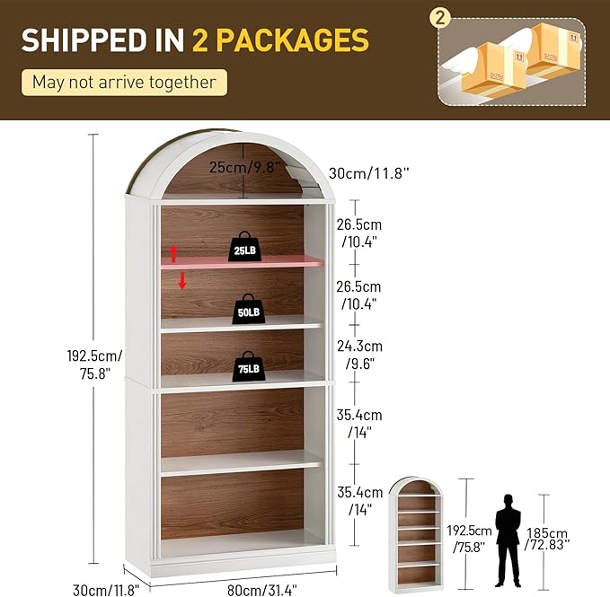RALGEND Arched Bookshelf Set of 2, 75.8" Tall Arch Bookcase with Storage, 6-Tier Farmhouse Book Shelf, Arched Cabinet, Wooden Bookshelf with Open Display Shelves, Adjustable Shelf, White and Walnut