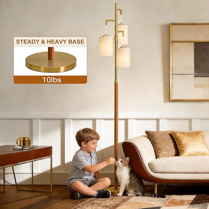 G-SAFAVA 70" Wood Floor Lamp Dimmable Floor Lamps for Living Room Bedroom Mid Century Modern Floor Lamp Gold Standing Lamp Tall Lamps for Office Nursery Reading Elegant Stand Up Lamp, 3 Bulbs Included