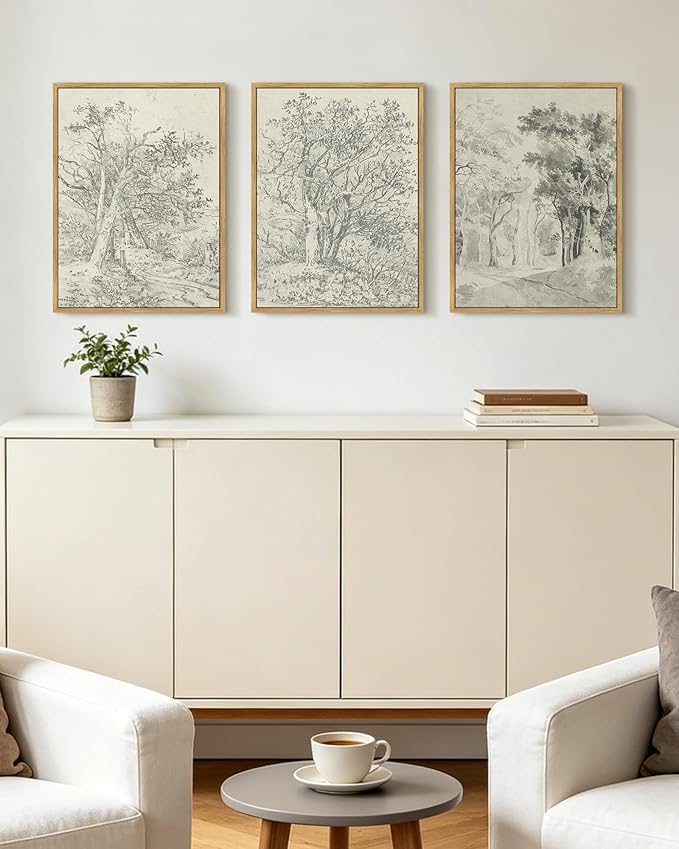 KUVIOKE Vintage Tree Framed Wall Art Retro Antique Forest Drawings Nature Wilderness Sketch Wall Painting Modern Landscape Decor 12x16in (Natural Framed)