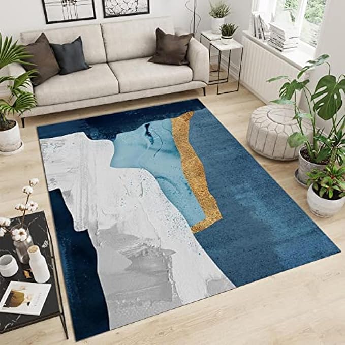 Abstract Ink Blue Gray Gold Geometry Art Area Rug, Nordic Fashion Minimalist Indoor Rug, Soft Foldable Non Slip Breathable Sofa Carpets for Living Room Bedroom Entryway Hotel Office 4x5ft