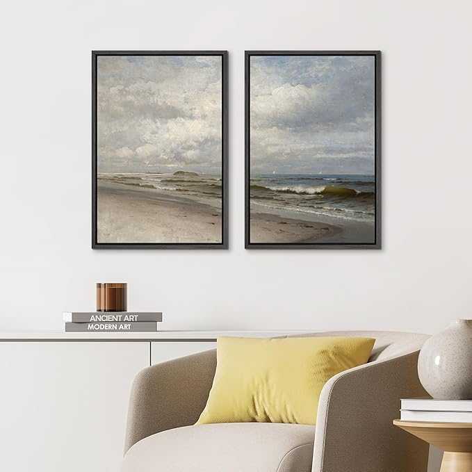 IDEA4WALL Framed Canvas Print Wall Art Set Coastal Beach Scene Classic Ocean View Illustrations Modern Art Decorative Coastal Cottage Seascape for Bedroom - 24"x36"x2 BLACK