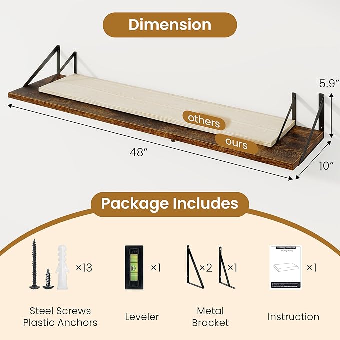 48inch Floating Shelves for Wall,10" Deep Floating Shelves with Metal Brackets,Wall Mounted Hanging Floating Shelf,Wide Display Shelves for Living Room,Bedroom,Office,Kitchen,Rustic Brown
