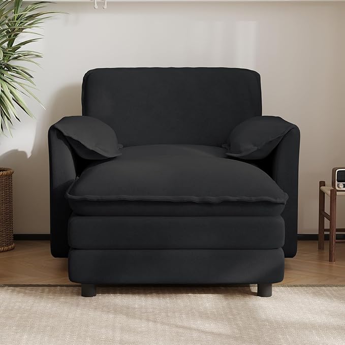 Oversized Chaise Lounge Chair Indoor with Ottoman, Firm Solid Wood Frame with Long Service Life Chenille Oversized Lounge Reading Chair for Study Room - Black