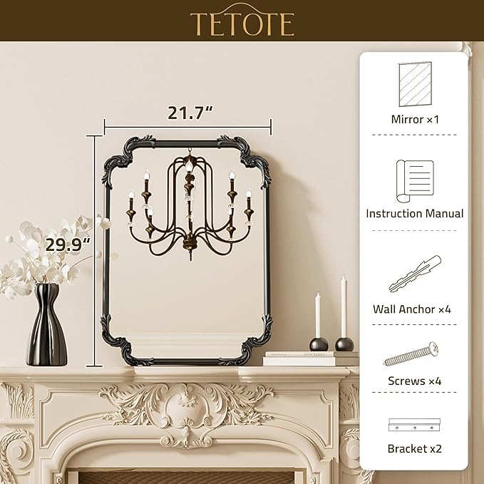 TETOTE Vintage Baroque Black Rectangle Mirror for Wall 22 x 30 Antique Scroll Rounded Corner Frame French Mantle Mirror for Fireplace Bathroom Living Room Bedroom Decor, Horizontal/Vertical