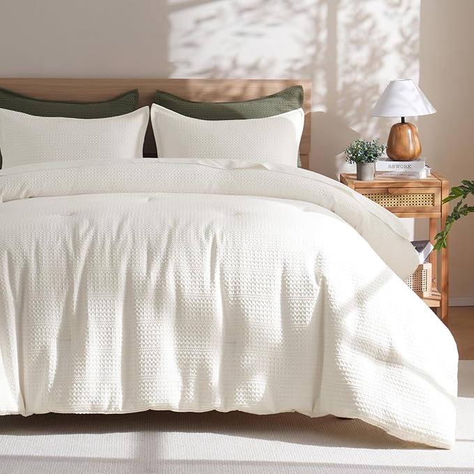PHF Soft Waffle Comforter Set Queen Size- Comfy Breathable Waffle Weave Comforter with 2 Pillow Shams, 3 Pieces Less Snagging Lightweight Textured Bedding Set for All Season, Cream