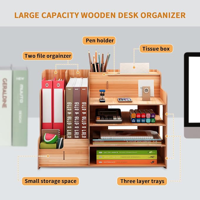 FYY Desk Organizer Wooden Desktop Organizer with 3 Trays - Assembly is Required - Large Desk File Organizer Office Supplies Desk Organizer Tray, Pen Holder and Tissue Box for School Home