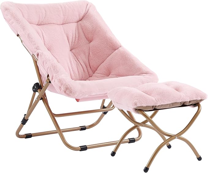 Furlide Dorm Chair with Ottoman, X-Large Soft Saucer Chair, Oversized Folding Faux Fur Accent Chair, Foldable Metal Frame Chair for Bedroom, Living Room (Pink)