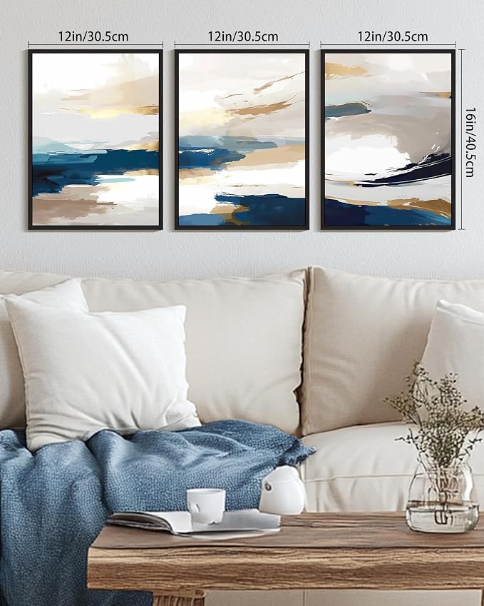 KUVIOKE Abstract Blue Framed Wall Art Graffiti Shape Pastel Wall Decor Modern Art Painting for Bedroom Hallway 12x16in (Black Framed)