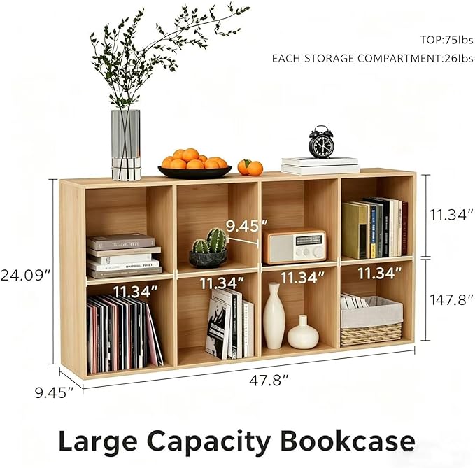 VDNEND Wooden Storage Organizer with Closed Back Panel, 11in Cube Shelf Opening, Bookshelf, Display Shelf,Closet Cabinet for Home and Office (Natural Oak, 8-Cube 47.8L*9.45W*24.09H)