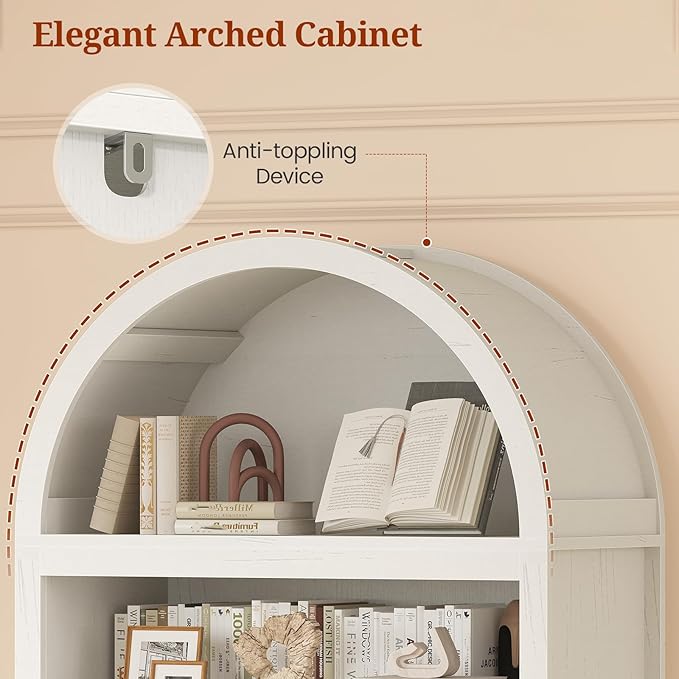 81" Tall Arched Cabinets,Bookcase with storage,Mid-Century Modern 6-Tier Bookshelf with Door,2 Book Risers and Adjustable Shelves give more storage space for Living Room,Home Office Antique White