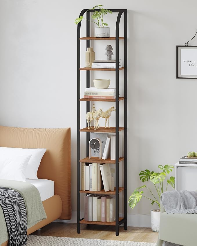 Hzuaneri Bookshelf Narrow Bookcase, Tall Storage Rack with Steel Frame, Display Standing Shelf Unit, Skinny Book Shelf for Study Living Room, Home Office, Industrial, 7-Tier Rustic Brown BC57701B