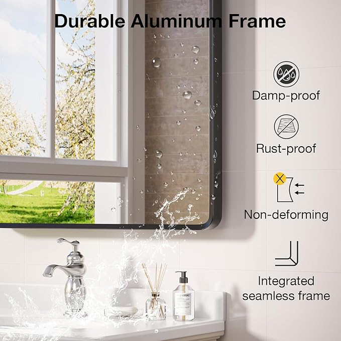 55x30 inch Black Bathroom Vanity Mirror, Large Rectangle Metal Aluminum Frame, Shatter-Proof, Horizontal or Vertical Hanging, Modern Bathroom Decor
