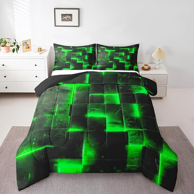 Erosebridal Black and Green Comforter Set King Modern Abstract King Bedding, 3D Glowing Plaid Bedding Comforter Sets Gradient Grid Duvet, Neon Square Quilted Comforter 3 Piece (Black Reversible)