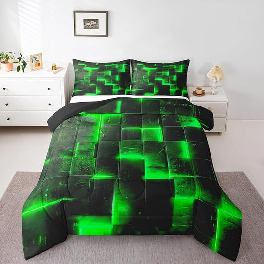 3D Geometric Bedding Set Twin Abstract Aesthetic Twin Comforter, Black and Green Duvet Insert Glowing Futuristic Cubes Quilt Comforter, Neon Grid Bedding Comforters & Sets 2pcs (Black Reversible)