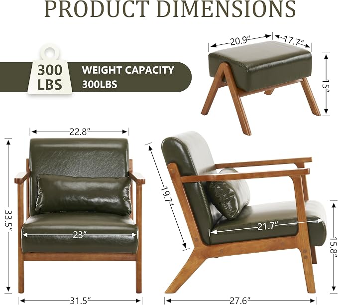 Accent Chair and Ottoman Set, Mid-Century Modern Faux Leather Upholstered Lounge Armchair with Pillow, Solid Wood Frame & Comfortable Cushion for Living Room, Bedroom, Balcony, Green