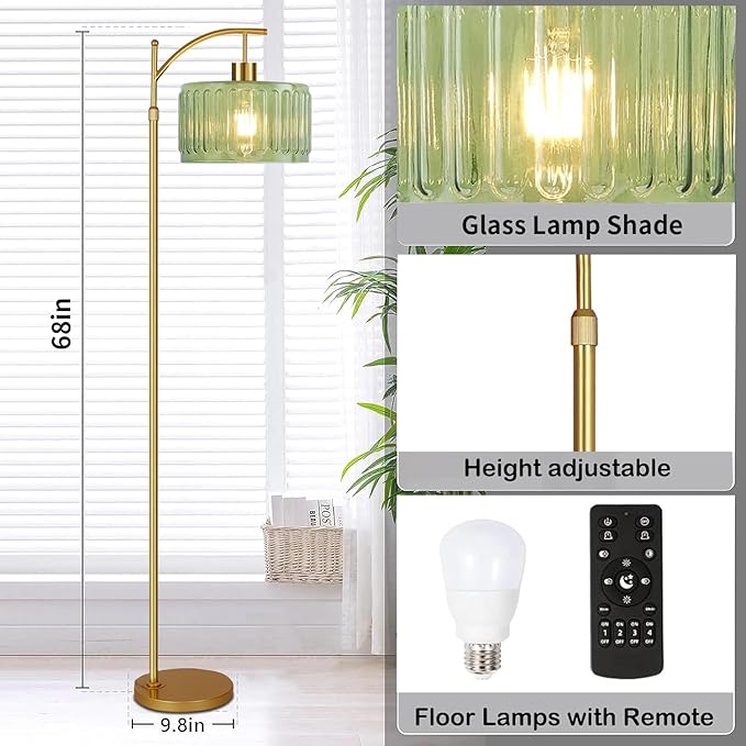 QIYIZM Floor Lamp for Living Room,Bedroom,Gold Dimmable Standing Lamp with Remote,Mid Century Modern Brass Tall Lamp Retro Vintage Glass Lamp Floor Light Boho Bohemian
