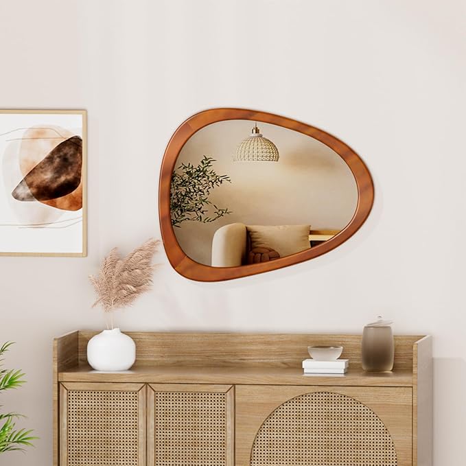 22" x 17" Irregular Wall Mirror, Wood Frame Asymmetrical Decorative Wooden Mirror for Living Room Bedroom Entryway Bathroom Hallway Home Decor Walnut Brown
