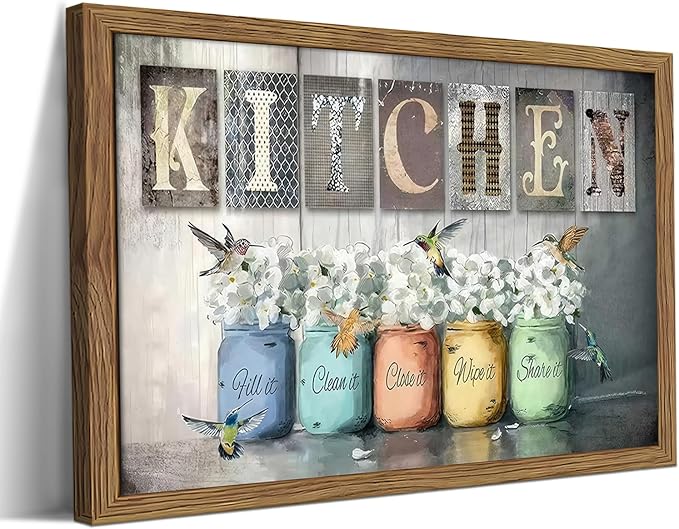 Framed Vintage Kitchen Canvas Wall Art, Retro Letter Signs with Colorful Jars, Florals and Birds Prints, Rustic Farmhouse Wood Grain Poster, Cottagecore Wall Decor for Kitchen Dining Room, 12x16in