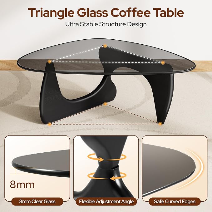 Modern Triangle Glass Coffee Table, Mid Century Coffee Table for Living Room Bedroom Reception Office Tables