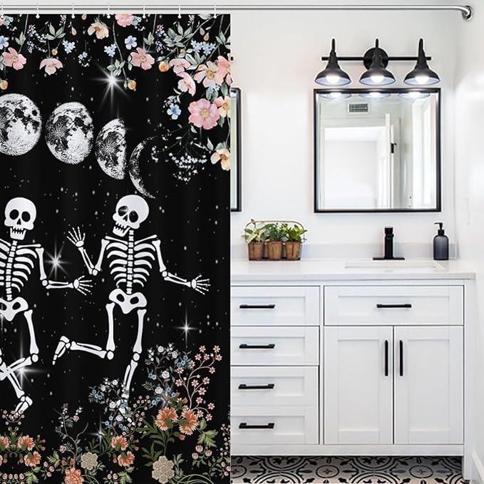 Skull Skeleton Flower Moon Shower Curtain Gothic Moon Phase Scary Horror Black Spooky Flower Holiday Waterproof Shower Curtains for Bathroom Decor 12 Pack Hooks 66x72in（168x183cm）