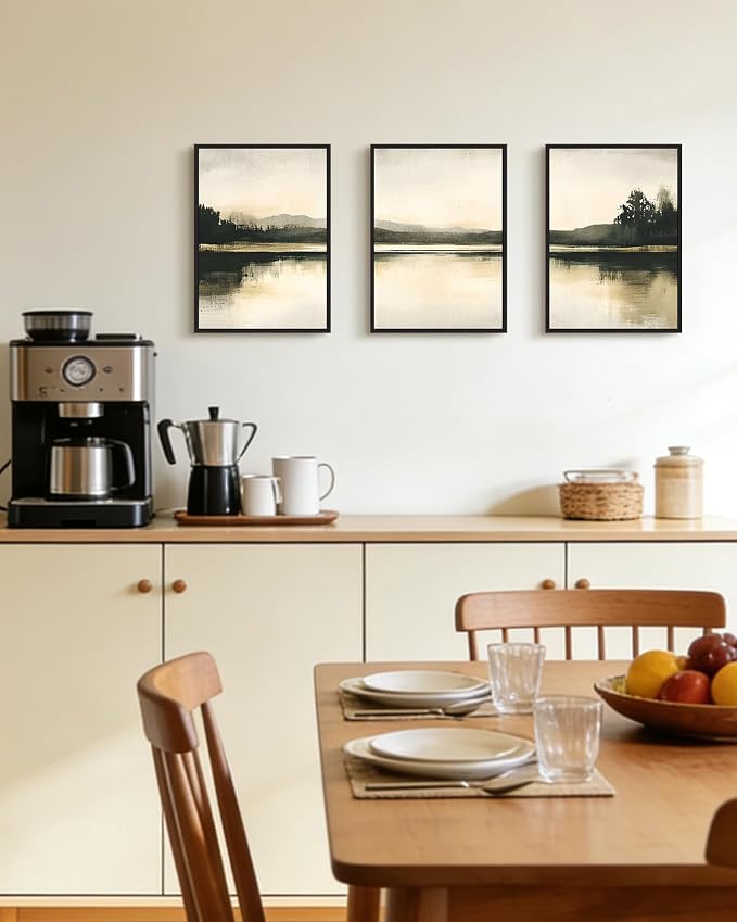 KUVIOKE Watercolor Abstract Mountain Lake Framed Wall Art Brown Landscape Nature Wilderness Painting Nordic Neutral Tan Illustration Decorative Home Decor 11x14in (Black Framed)