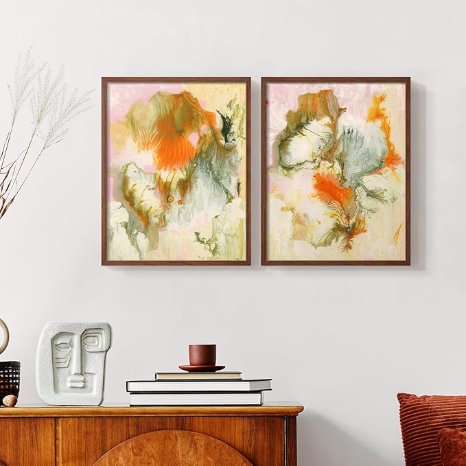 Renditions Gallery Set of 2 Peel & Stick Framed Prints, Modern Abstract Wall Art, Mix Color Oil Paint Design Wall Decor, Re-Stickable - Ready to Hang - 22"x28" - Walnut Frame LT588