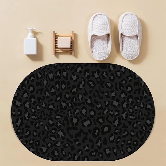 Bathroom Rug Mat Abstract Black Leopard Oval Bath Mat Doormat Absorbent Quick Dry Non Slip Diatom Mud Mat for Shower Tub Sink Laundry Kitchen Doorway 23.6x15.7 Inches