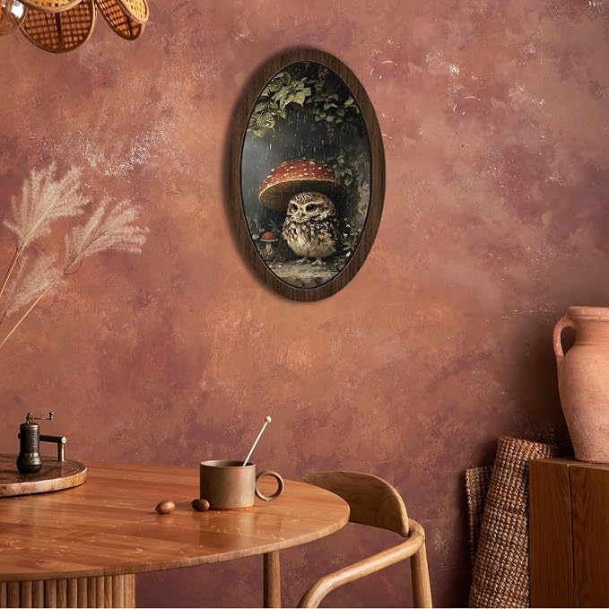 UYIKG Vintage Owl Wall Art Decor,Cute Owl Mushroom Oval Wall Decor,Rustic Cottagecore Animal Botanical Oval Wooden Framed Decorations for Nursery Kids Room Bedroom Living Room 9x14.6 in