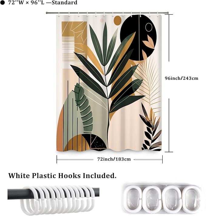 Boho Shower Curtain Mid Century Style Plant Leaves Bathroom Curtain Modern Abstract Graphic Waterproof Fabric Decor Shower Curtain with Hooks 72x96 Inch