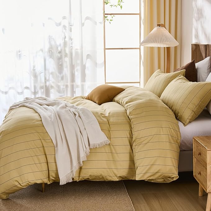 Merryword Yellow Striped Duvet Cover Set Queen Size, Natural Cotton Bedding Set with Zipper Closure & 8 Corner Ties, Soft Breathable Luxury Linen Like Bedding for All Seasons