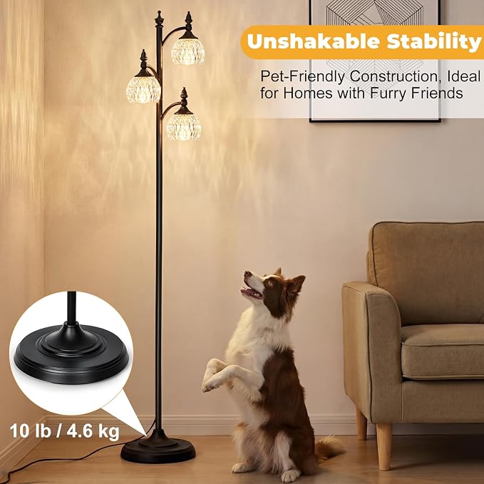 JUNNAI Black Flower Floor Lamp,Tall Standing Lamp Dimmable Tree Floor Lamps with 3 Lights Glass Shade 66.5in Modern Corner Lamp for Living Room Bedroom Office(3LED Bulbs