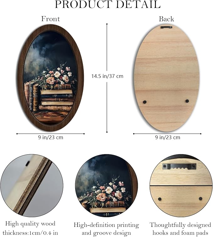 UYIKG Vintage Dark Academia Oval Wall Art Decor,Floral Book Oil Painting Art Wooden Framed Decor,Farmhouse Oval Wooden Wall Decorations for Theme Room Home Bedroom Living Room Reading Room 9x14.6 in