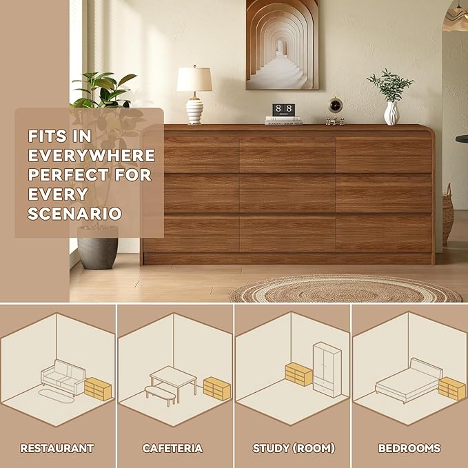 9 Drawer Dresser For Bedroom 63 Inch Wood Chest of Drawers - Curved Anti Collision, Mid Century Dresser For Closet with Natural Texture & Pre-Embedded Slots for TV Stand, Living Room, Nursery