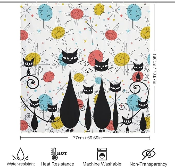 Mid Century Modern Shower Curtain,Retro 60s Abstract Atomic Cat Diamonds Geometric Bathroom Curtain Polyester Waterproof Fabric Decor 72x72in（183x183cm）