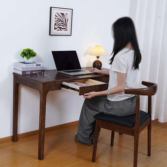 Solid Wood Desk with Drawer, Small Writing Desk for Small Spaces,Gaming Study Home Office Workbench woodenDesks for Work, 39 inch Wooden Computer Desk for Bedroom Walnut Color